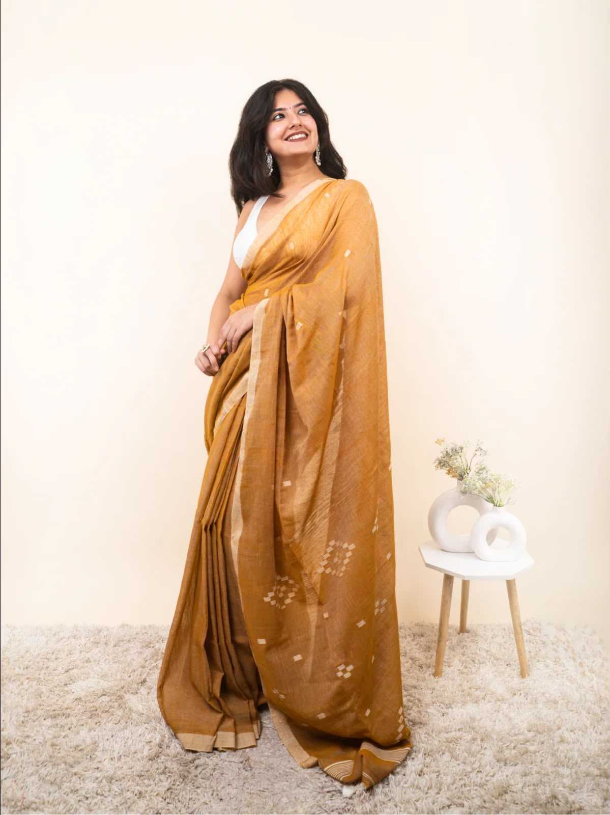 Cotton Printed Saree in Mustard