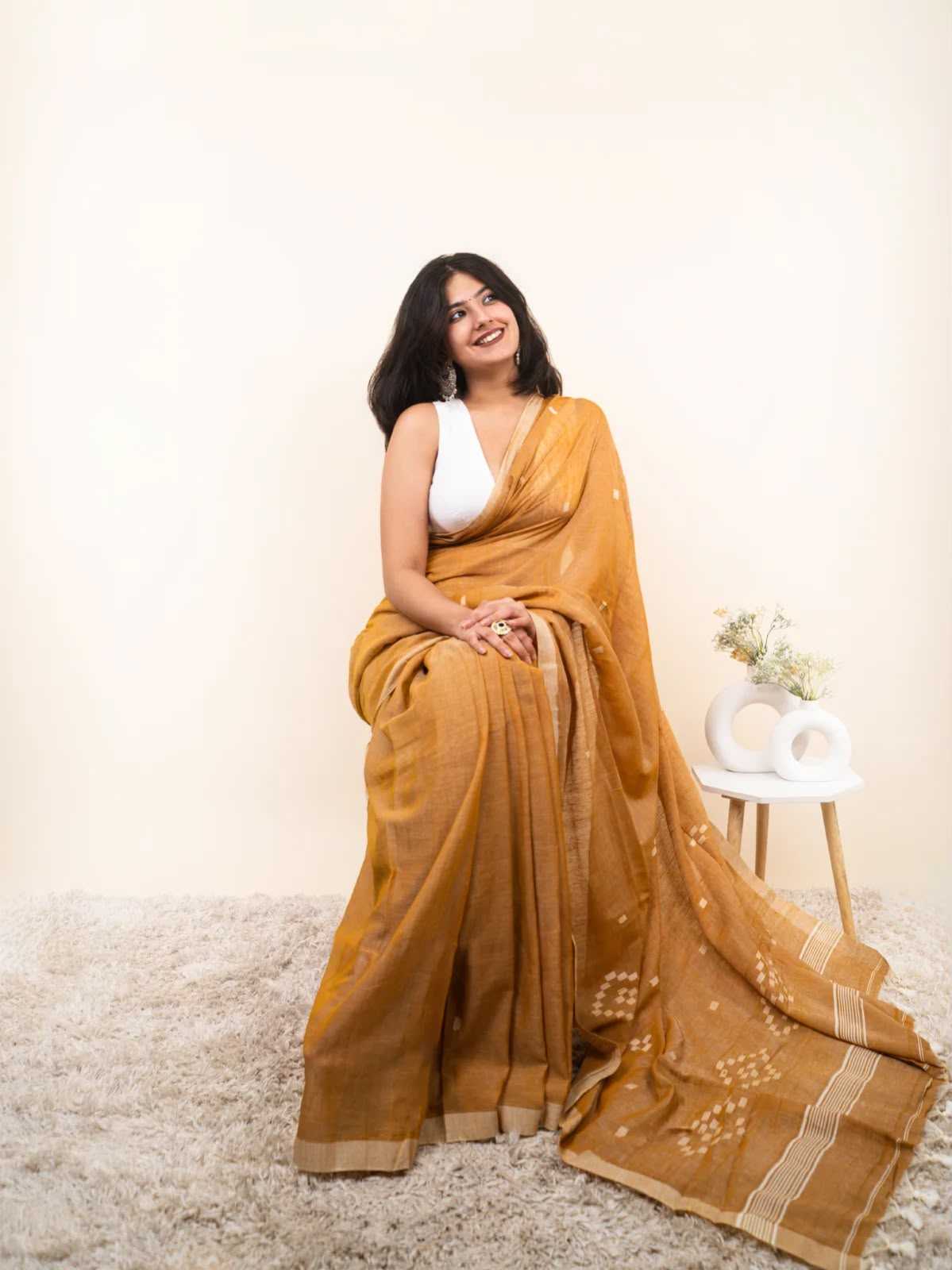 Cotton Printed Saree in Mustard