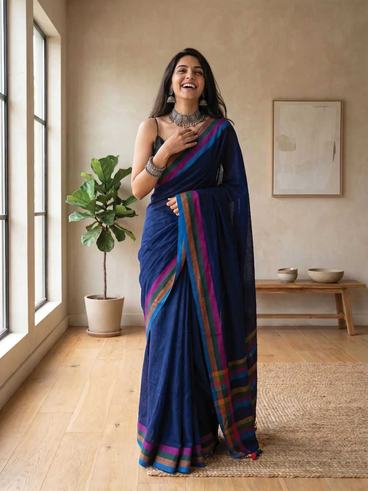 Cotton Designer Saree in Dark Blue