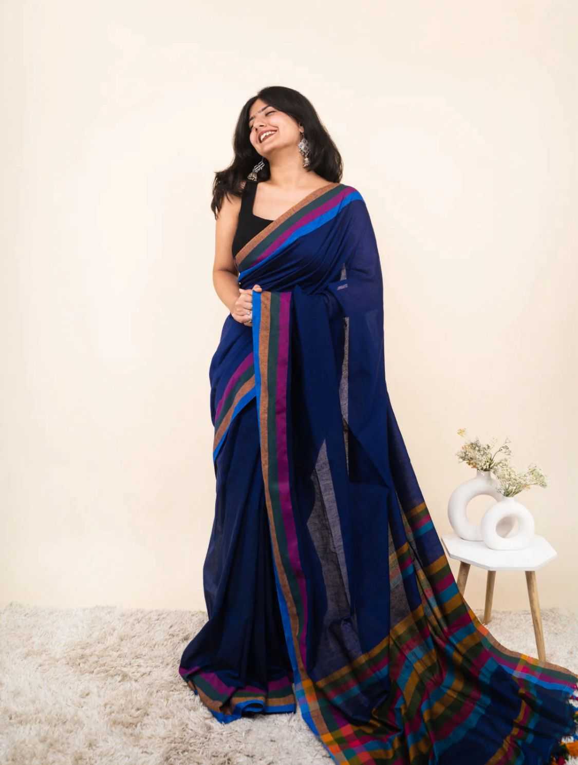 Cotton Designer Saree in Dark Blue