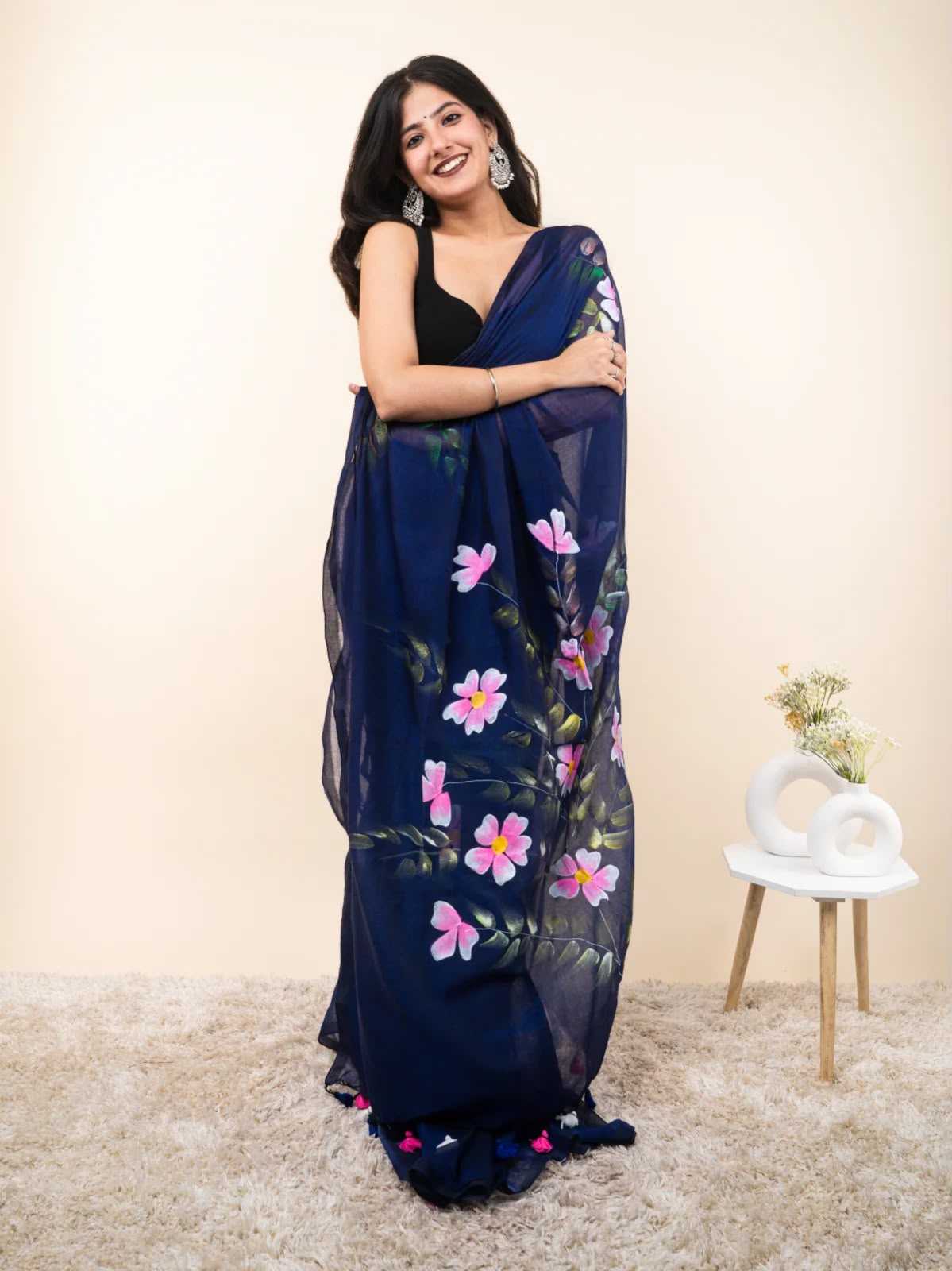 Cotton Designer Saree in Navy Blue