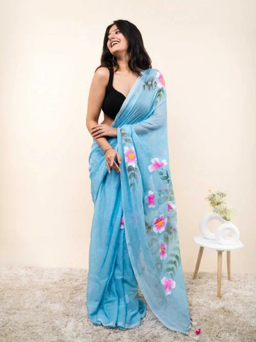 Cotton Designer Saree in Navy Blue