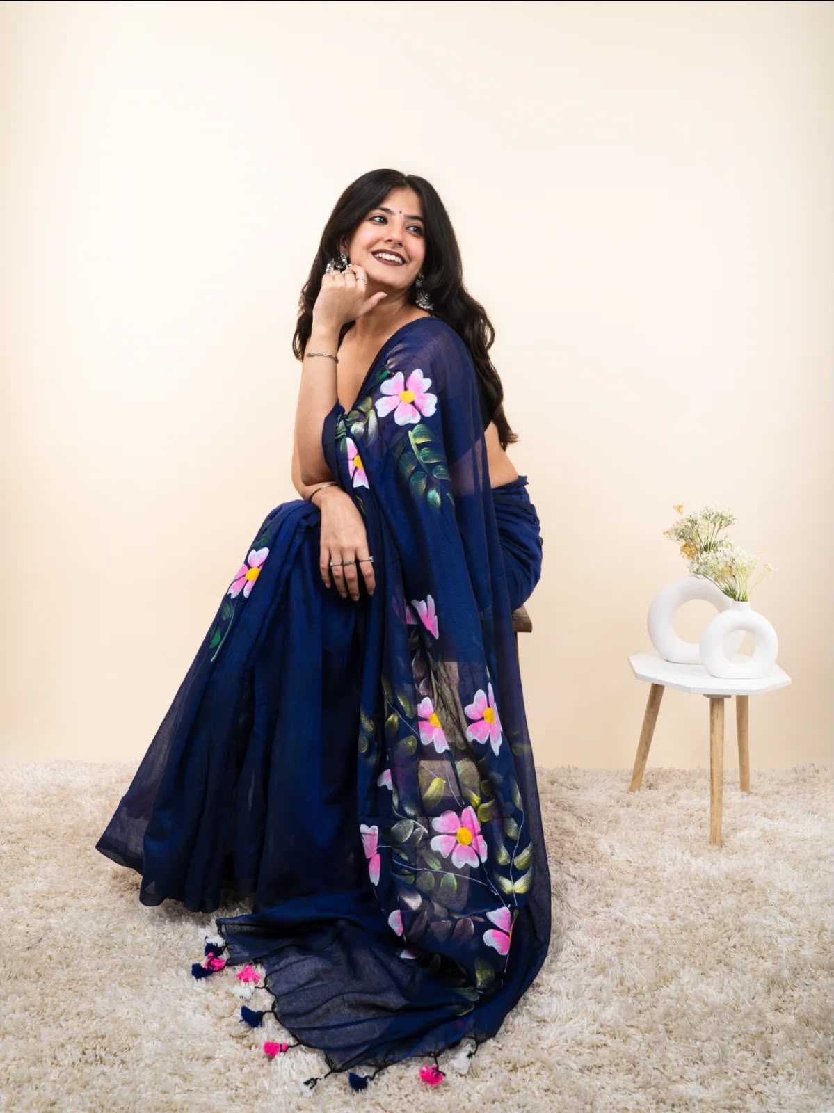 Cotton Designer Saree in Navy Blue