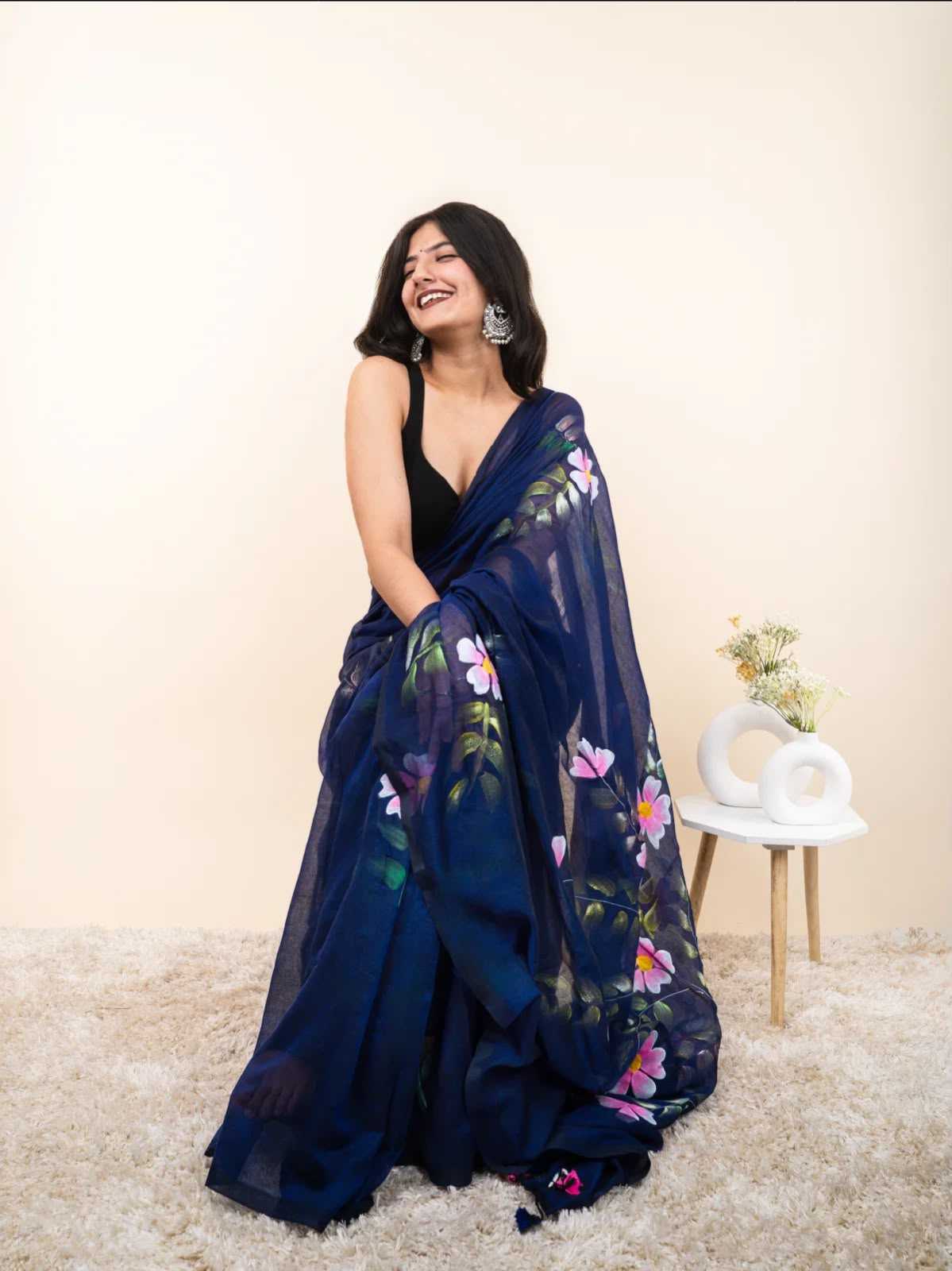 Cotton Designer Saree in Navy Blue