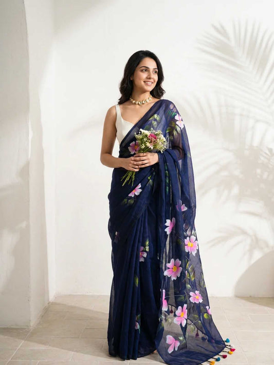 Cotton Designer Saree in Navy Blue