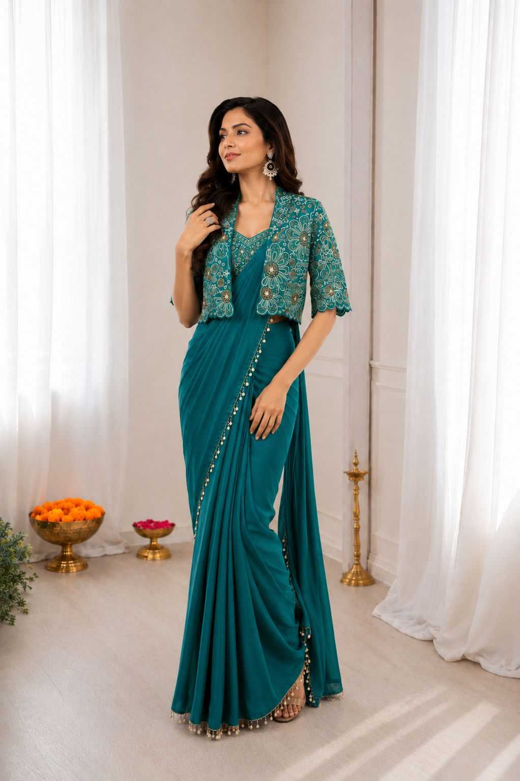 Crepe Silk Ready To Wear Saree in Morpich