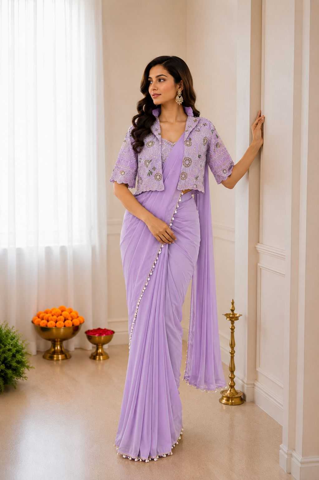 Crepe Silk Ready To Wear Saree in Morpich