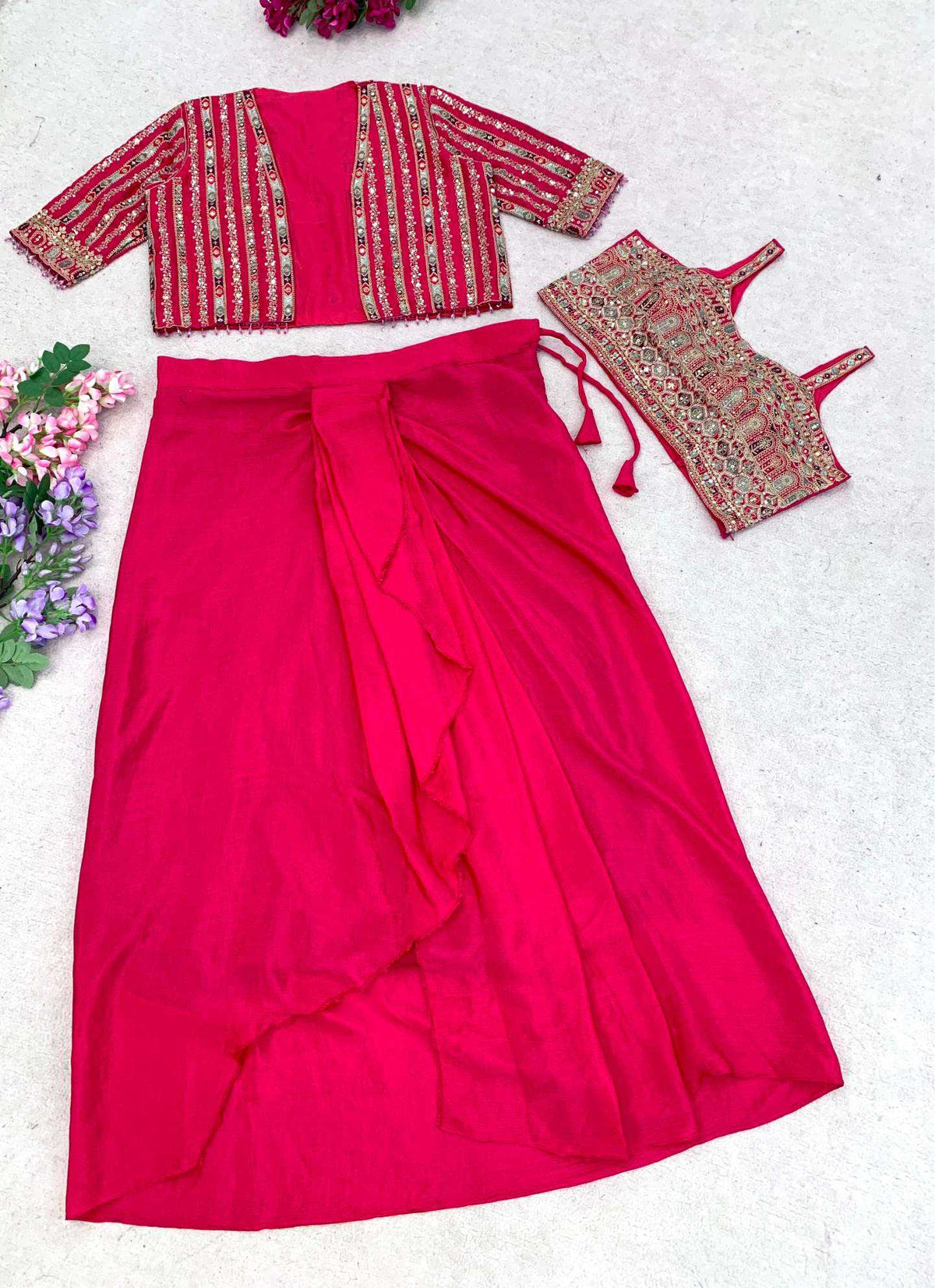 Chinon Silk Ready To Wear Saree in Rani