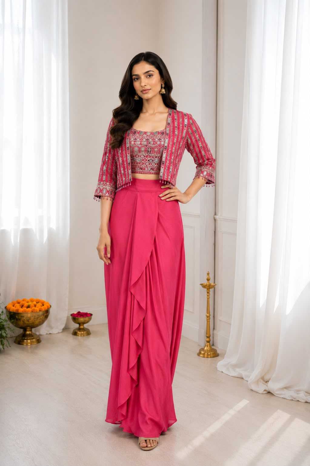 Chinon Silk Ready To Wear Saree in Rani