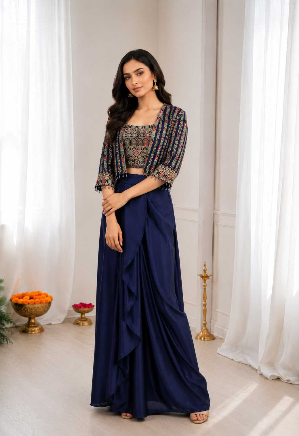 Chinon Silk Ready To Wear Saree in Rani