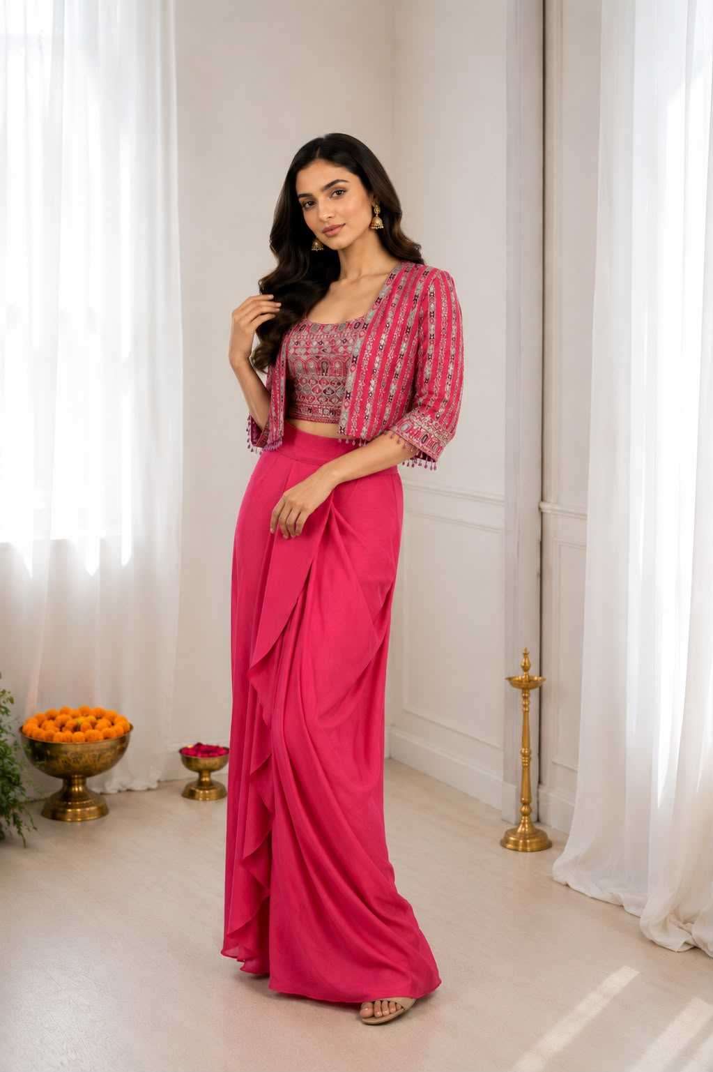 Chinon Silk Ready To Wear Saree in Rani
