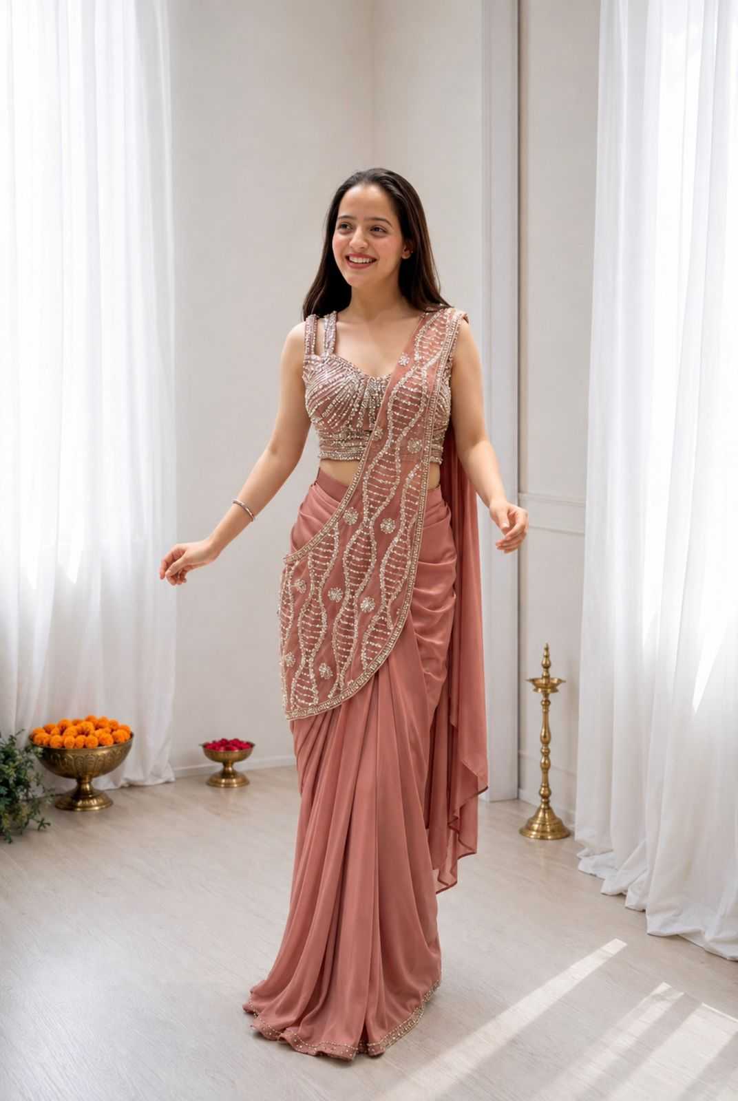Crepe Silk Ready To Wear Saree in Rust