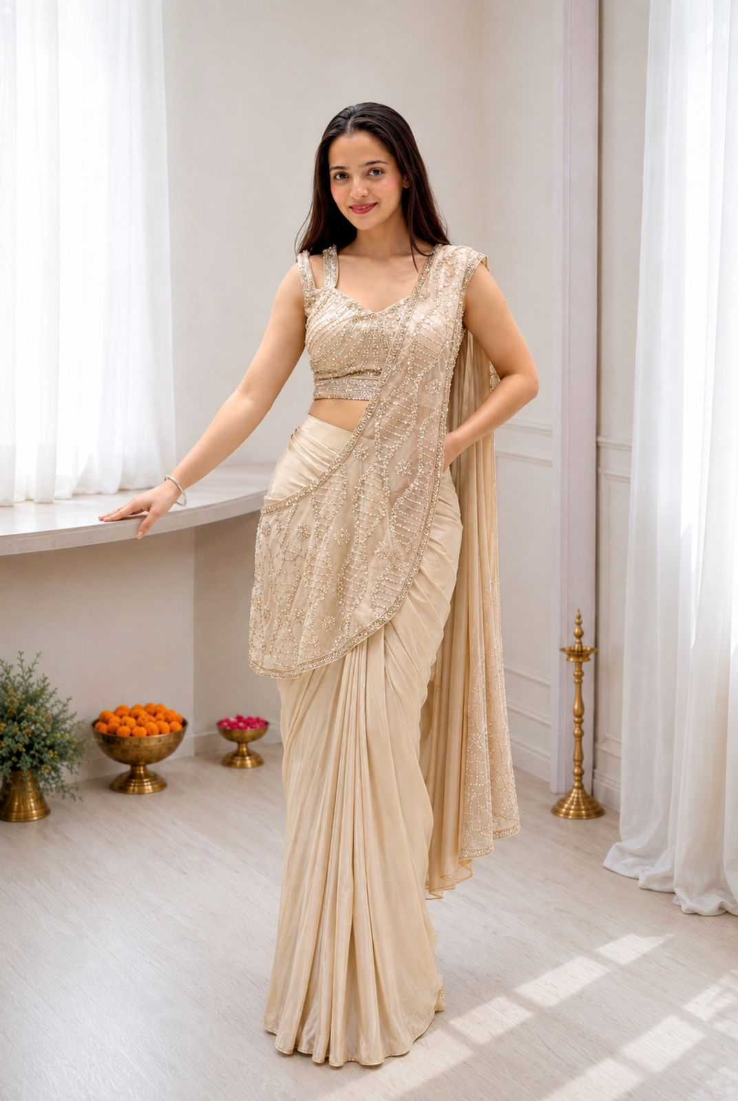 Crepe Silk Ready To Wear Saree in Rust