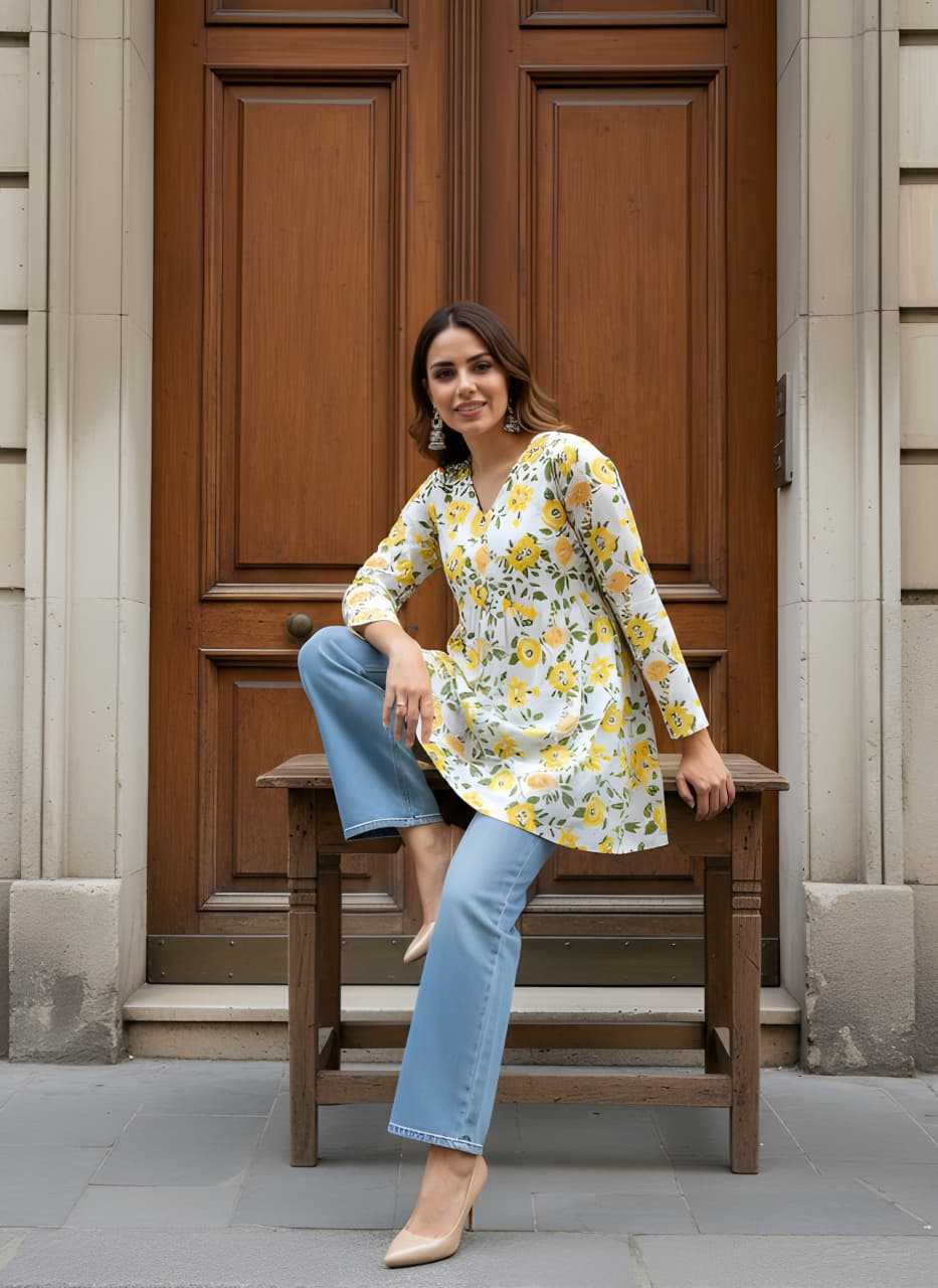 Cotton Kurti in Yellow-White Top