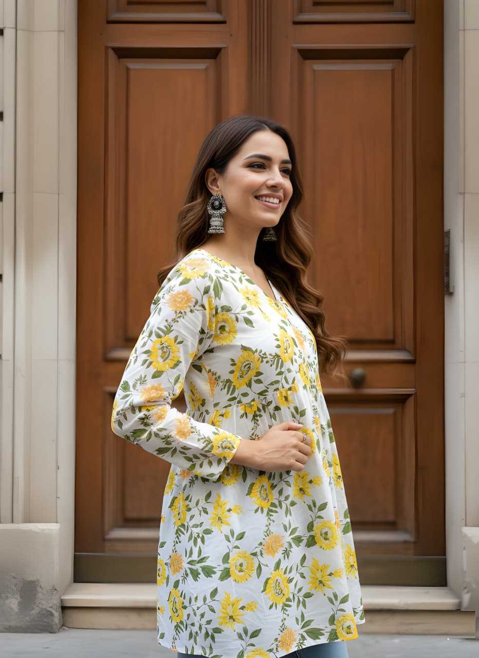 Cotton Kurti in Yellow-White Top