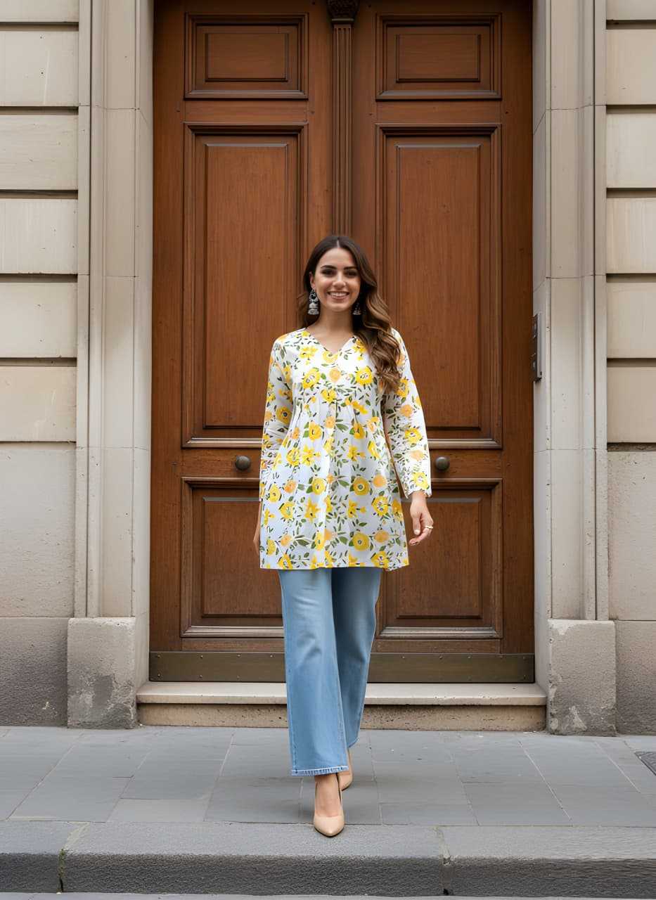 Cotton Kurti in Yellow-White Top