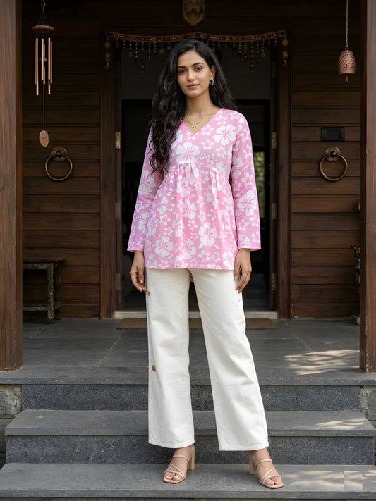 Cotton Printed Kurti in White-Pink Top