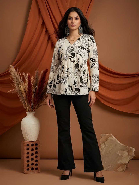 Cotton Short Kurti in White-Black Top