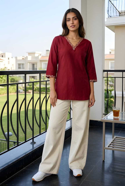 Heavy Roman Silk Embroidered Kurti in Maroon Top