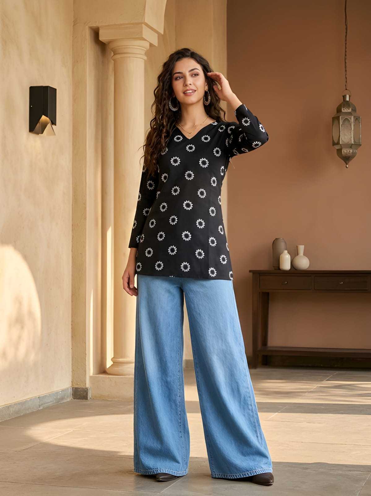 Cotton Short Kurti in Black Top