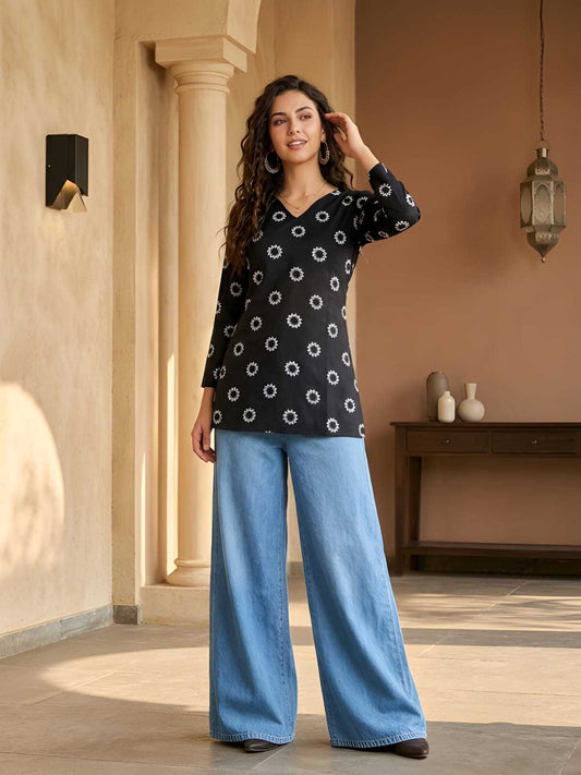 Cotton Short Kurti in Black Top