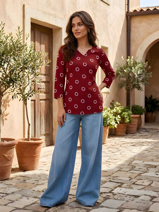 Cotton Short Kurti in Maroon Top