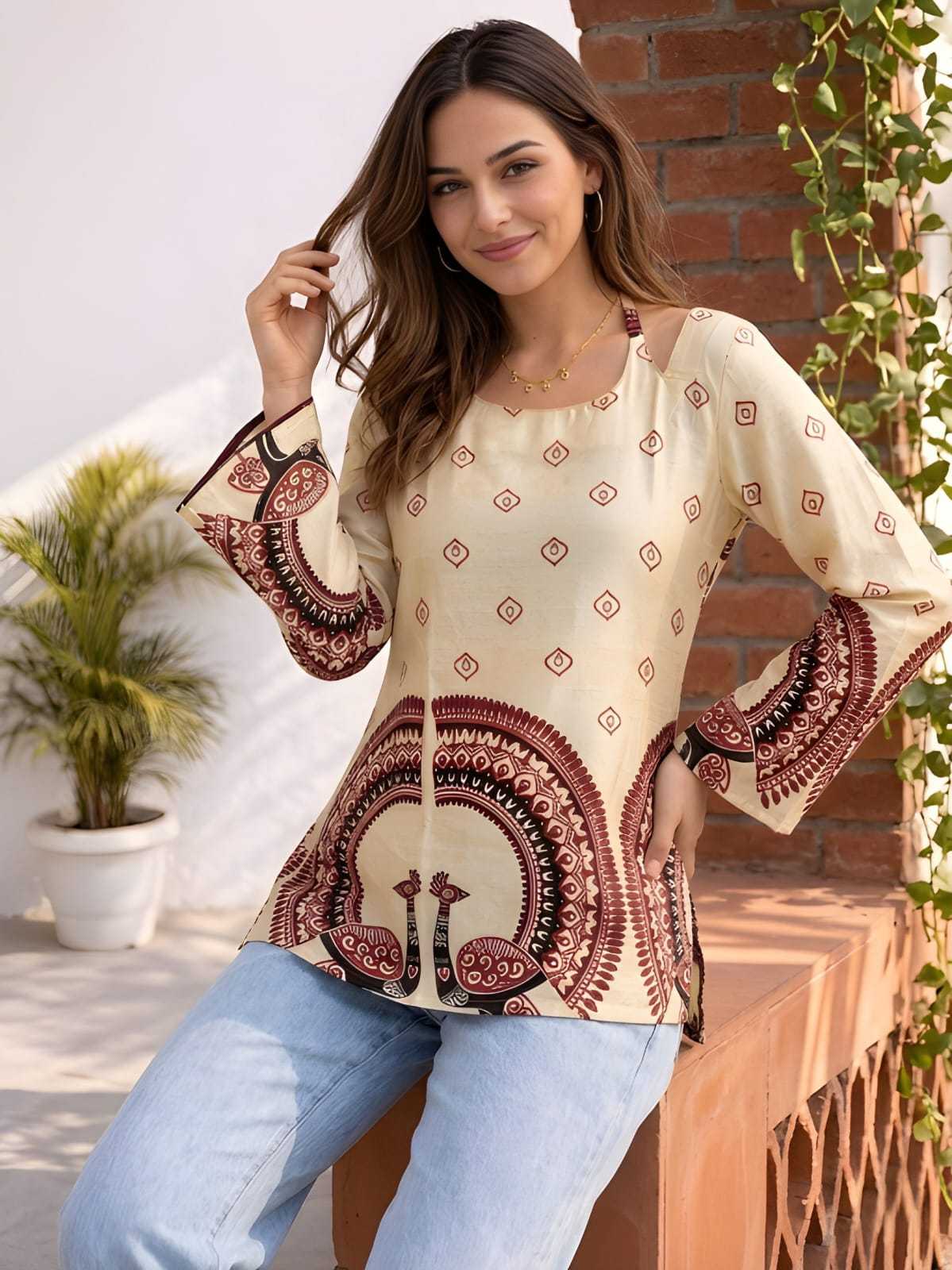 Cotton Printed Kurti in Off-White Top 1068