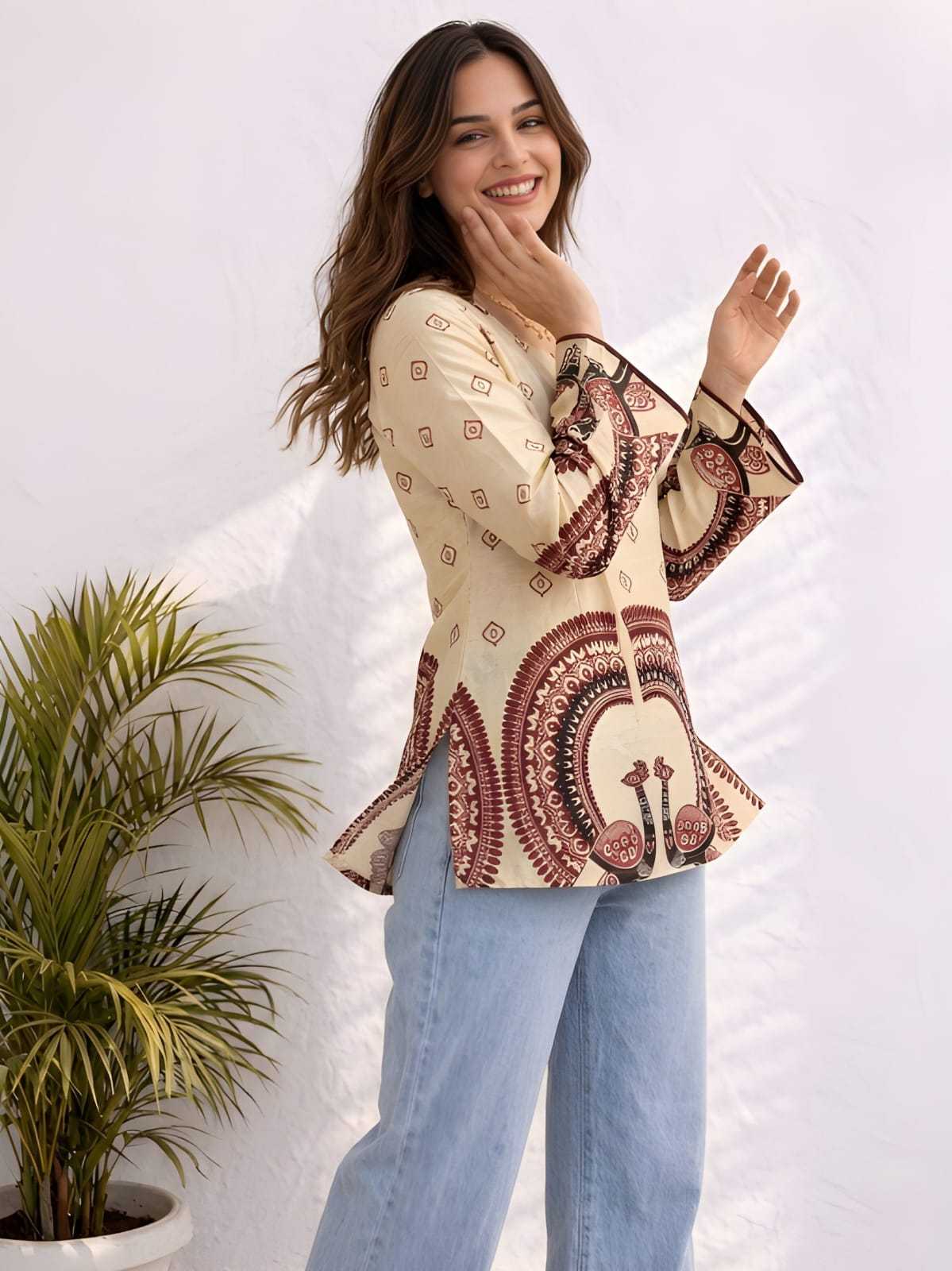 Cotton Printed Kurti in Off-White Top 1068