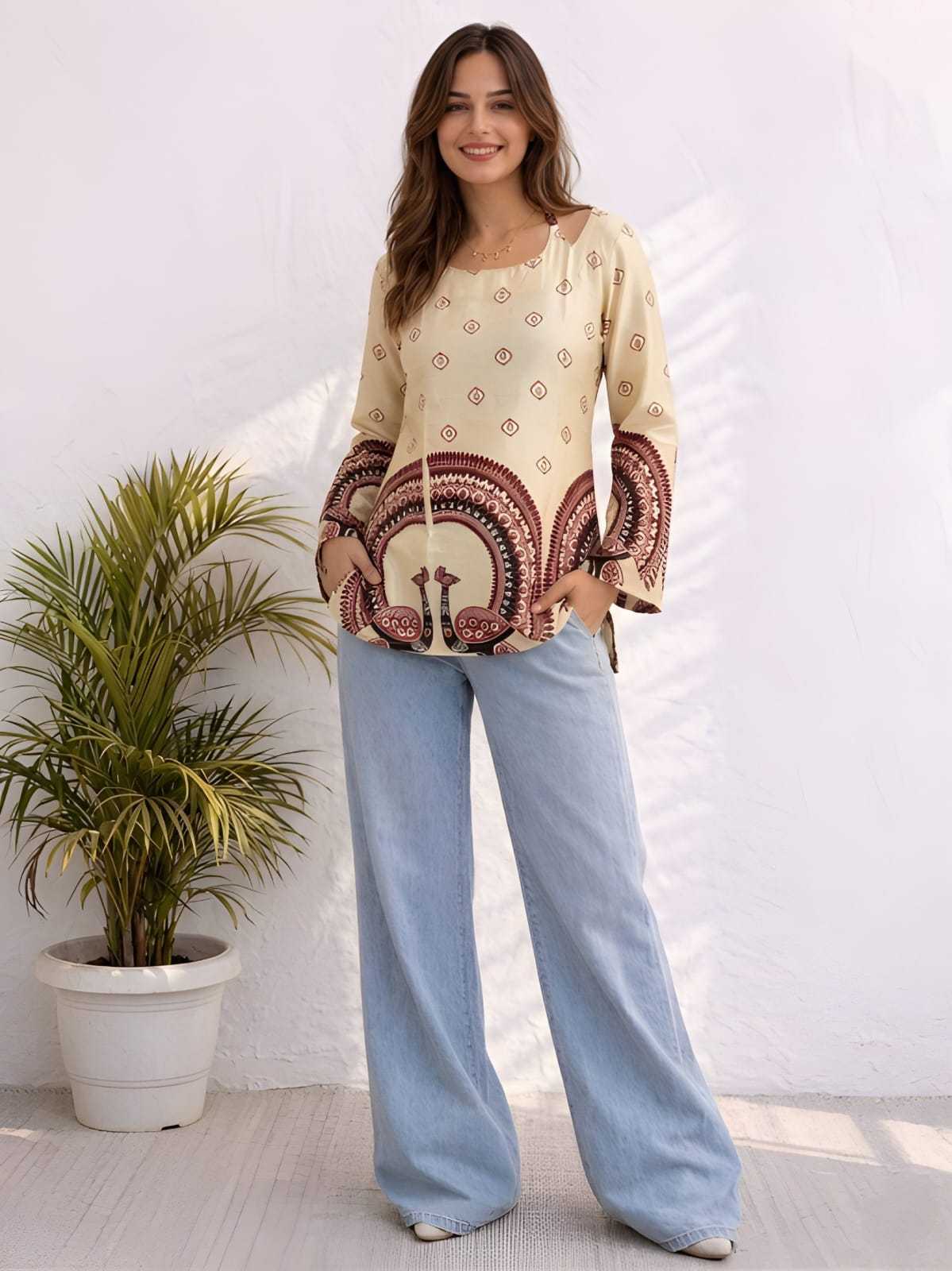 Cotton Printed Kurti in Off-White Top 1068