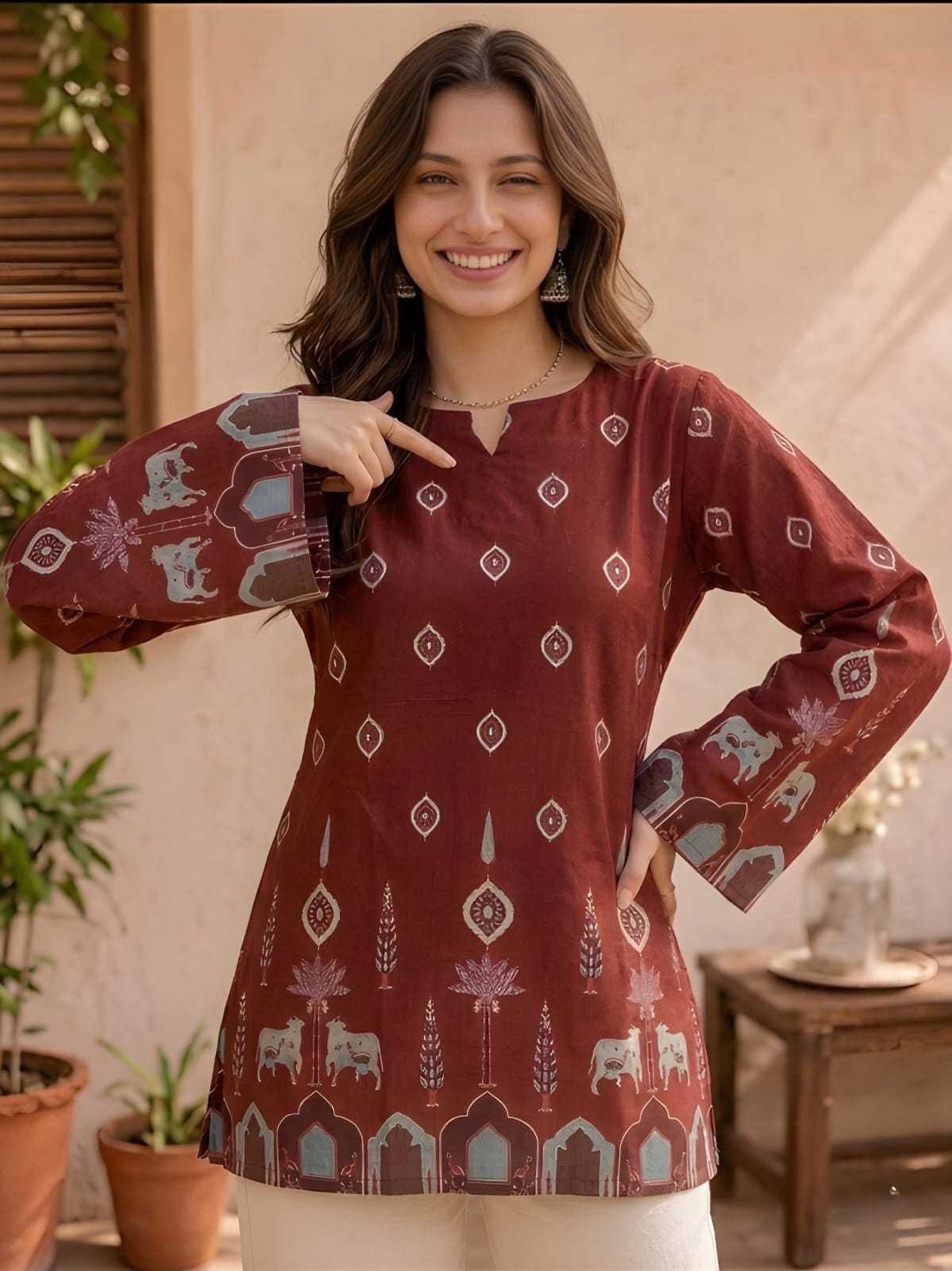 Cotton Printed Kurti in Maroon Top