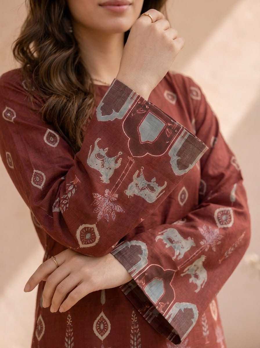 Cotton Printed Kurti in Maroon Top