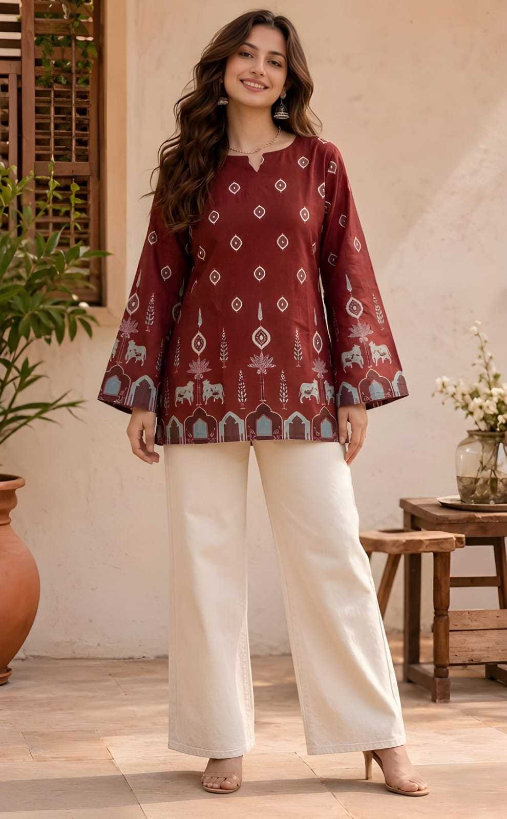 Cotton Printed Kurti in Maroon Top