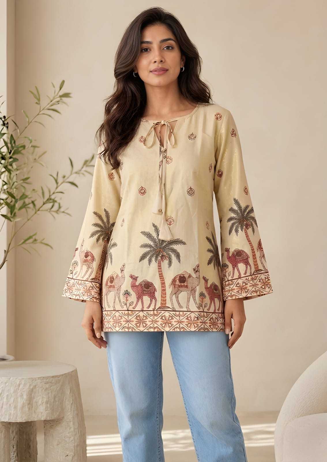 Cotton Printed Kurti in Off-White Top