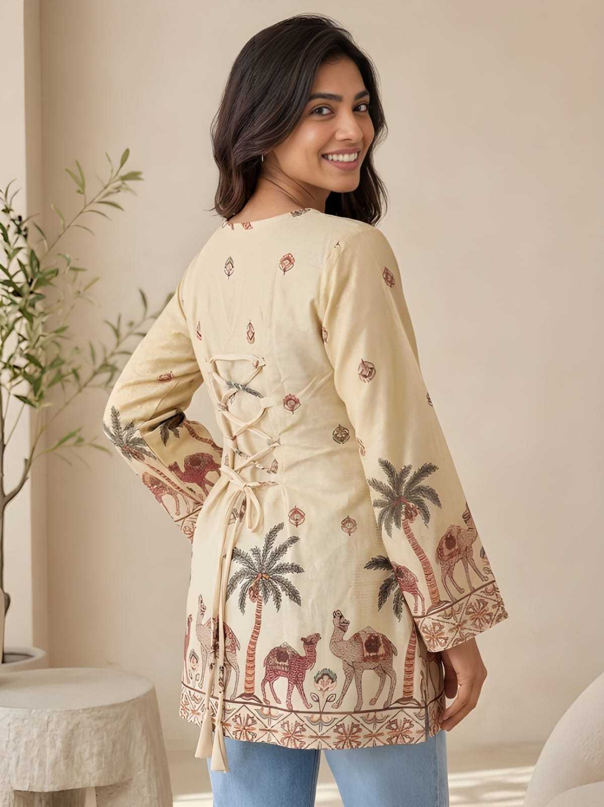 Cotton Printed Kurti in Off-White Top
