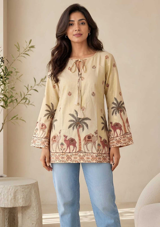 Cotton Printed Kurti in Off-White Top