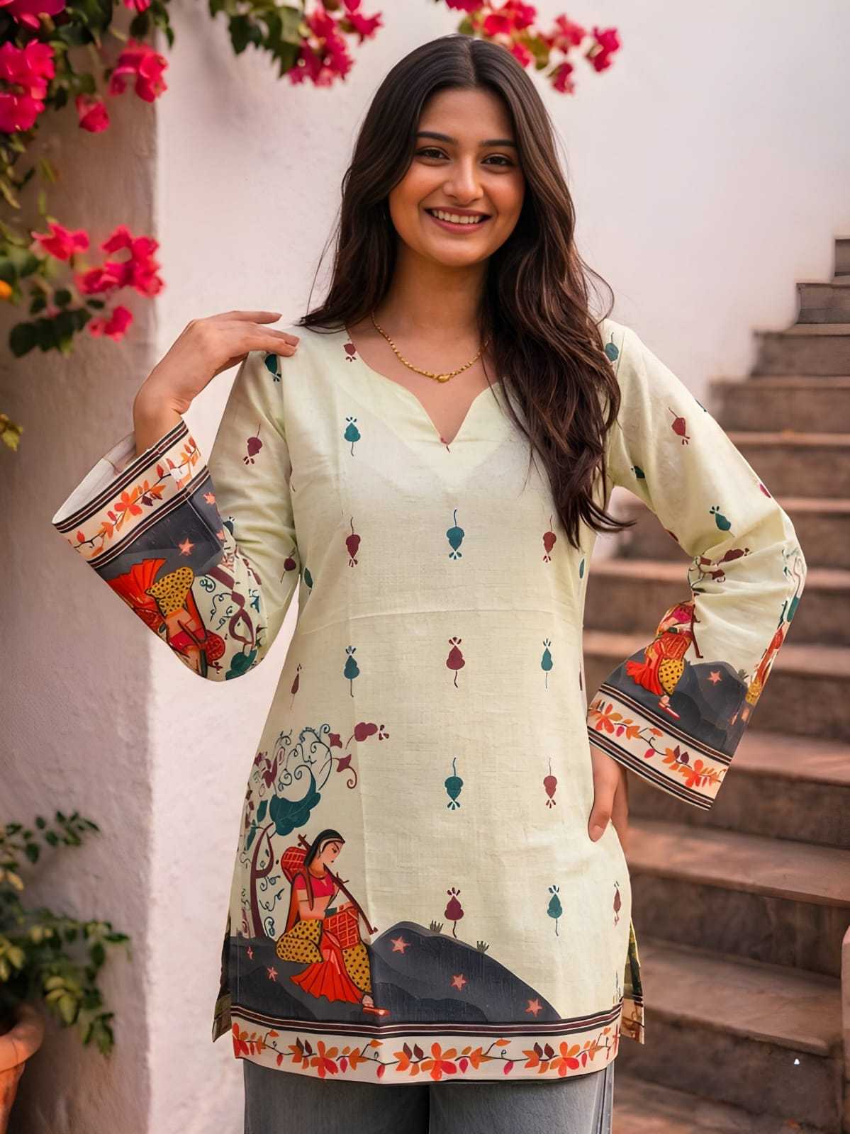 Cotton Printed Kurti in Cream Top