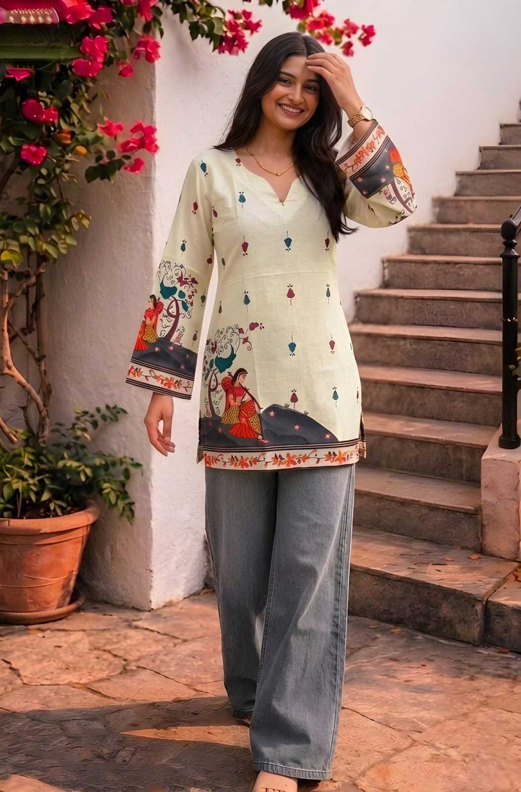 Cotton Printed Kurti in Cream Top