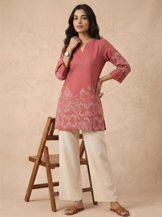 Cotton Printed Kurti in Pink Top