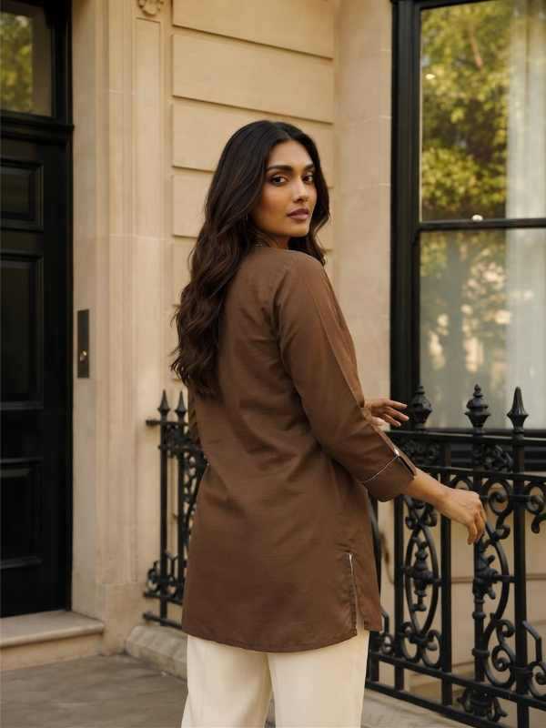 Cotton Printed Kurti in Brown Top