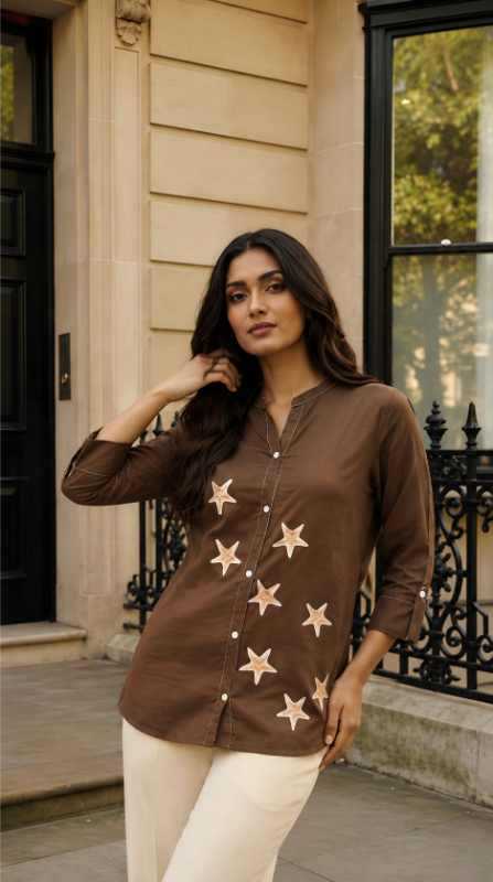 Cotton Printed Kurti in Brown Top