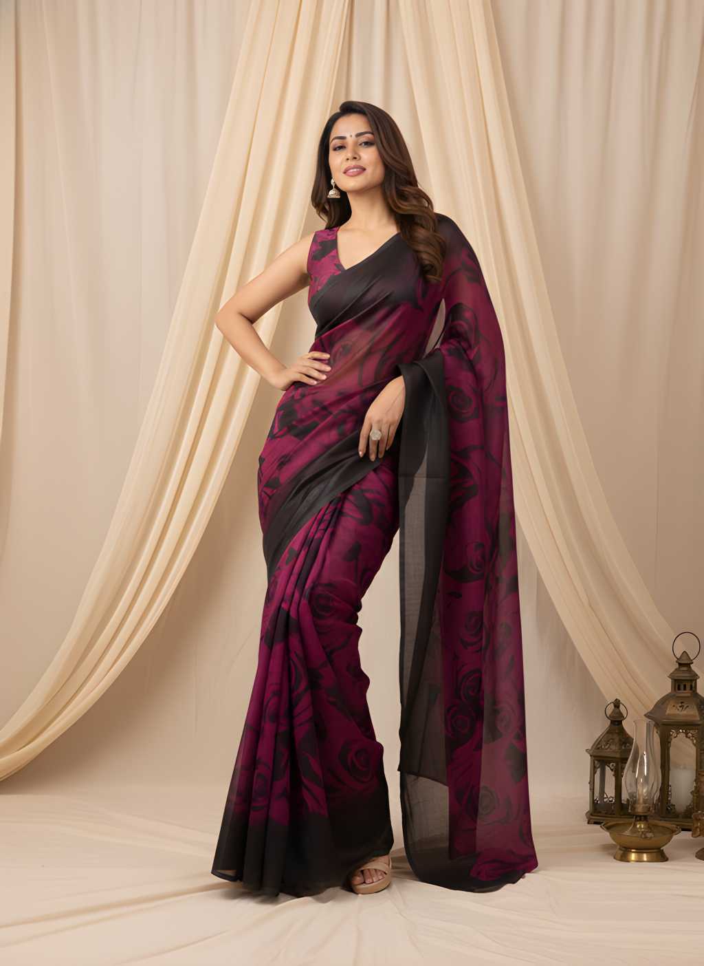 Chiffon Designer Saree in Dark Wine