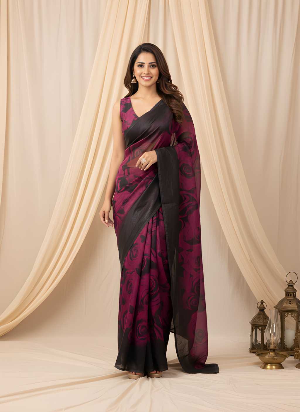Chiffon Designer Saree in Dark Wine