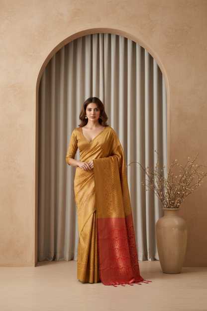 Banarasi Soft Silk Saree in Brown