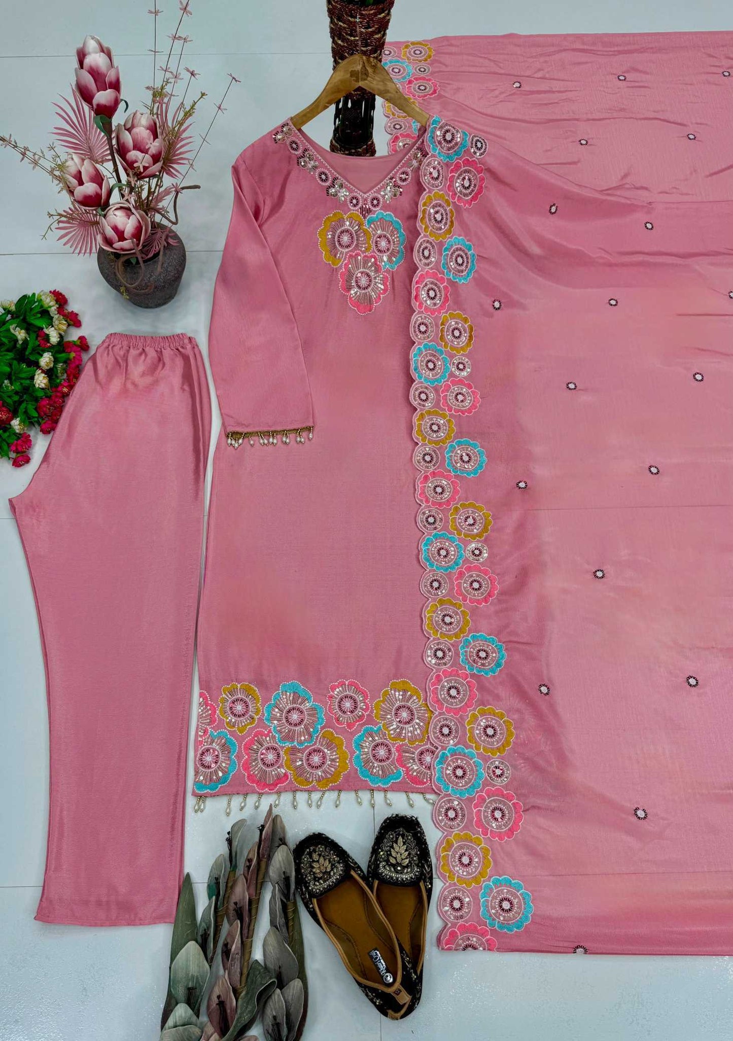 Chinon Silk Embroidery Suit