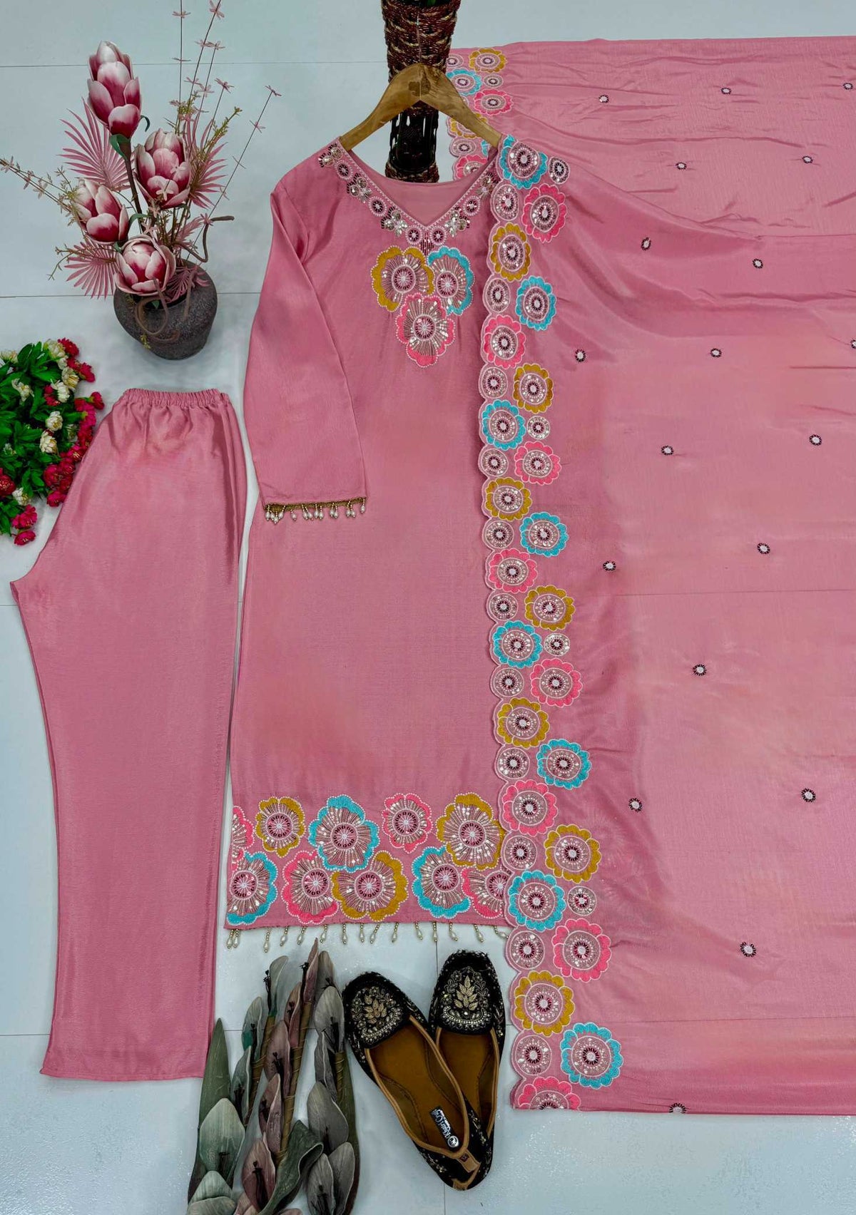 Chinon Silk Embroidery Suit