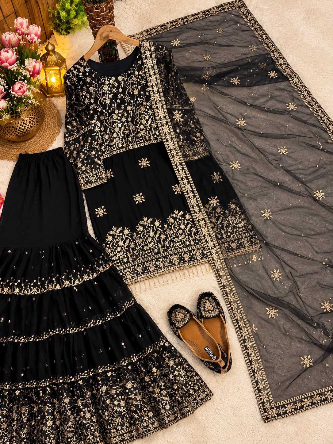 Faux Georgette Sharara Salwar Suit in Black