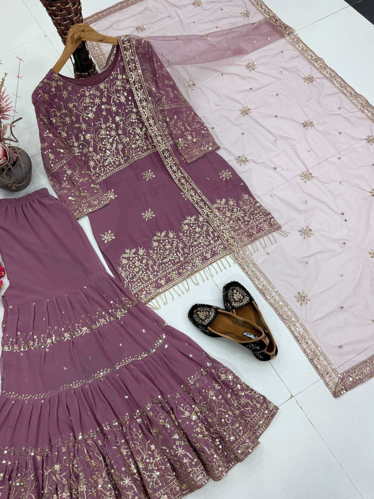 Faux Georgette Sharara Salwar Suit in Black
