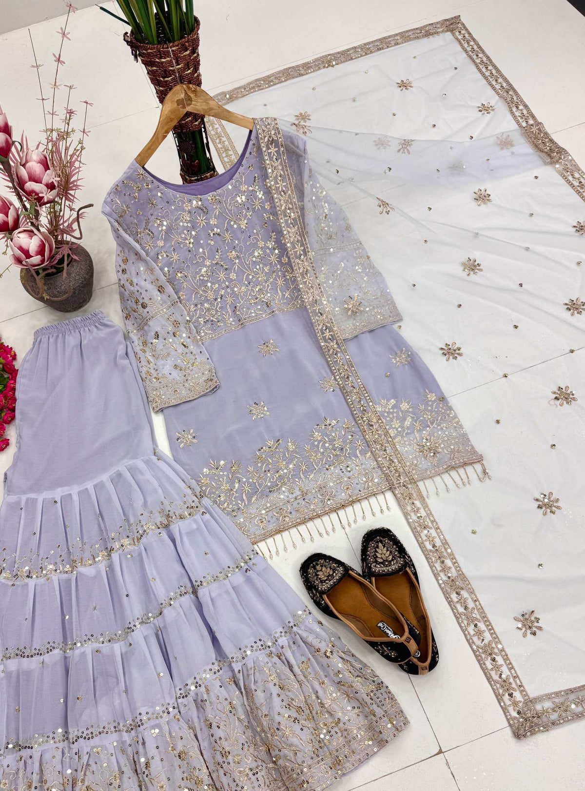 Faux Georgette Sharara Salwar Suit in Black