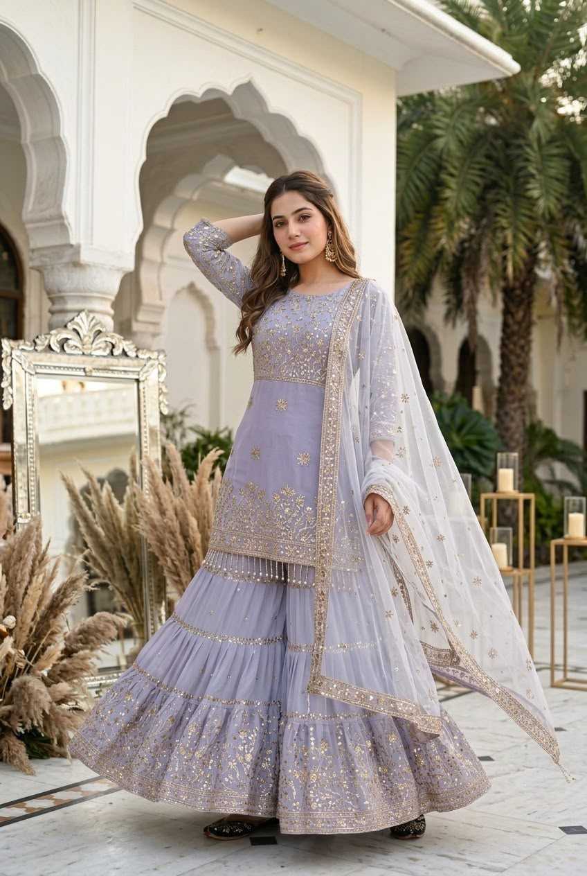 Faux Georgette Sharara Salwar Suit in Black