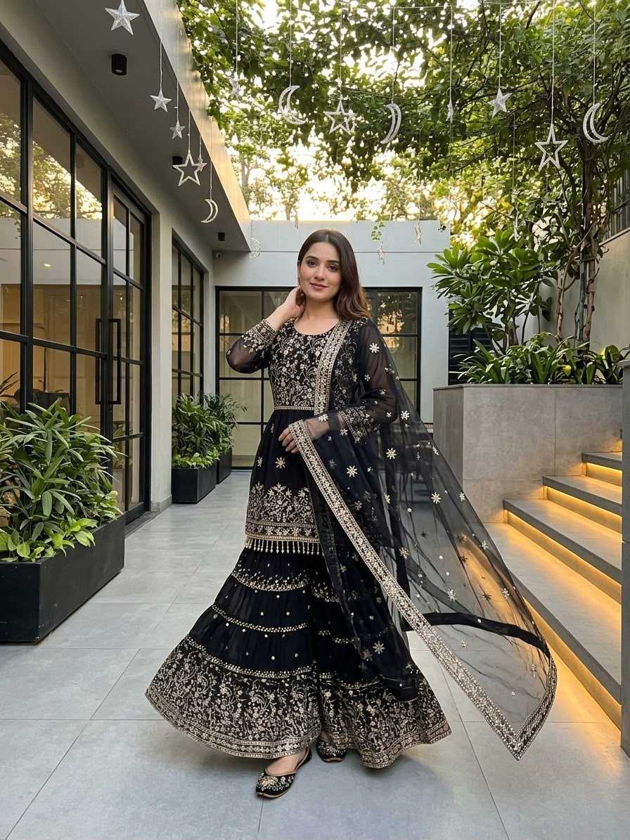 Faux Georgette Sharara Salwar Suit in Black
